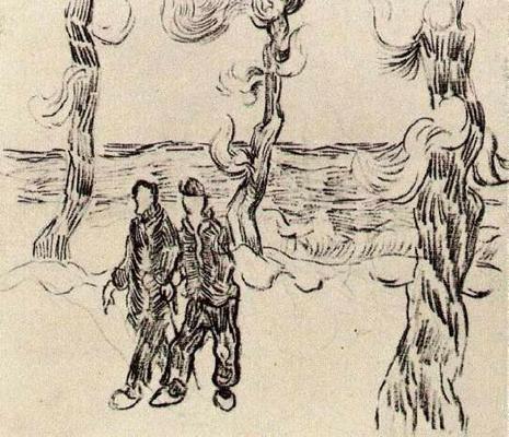 《兩個在帶有松樹的路上行走的男人》作品賞析