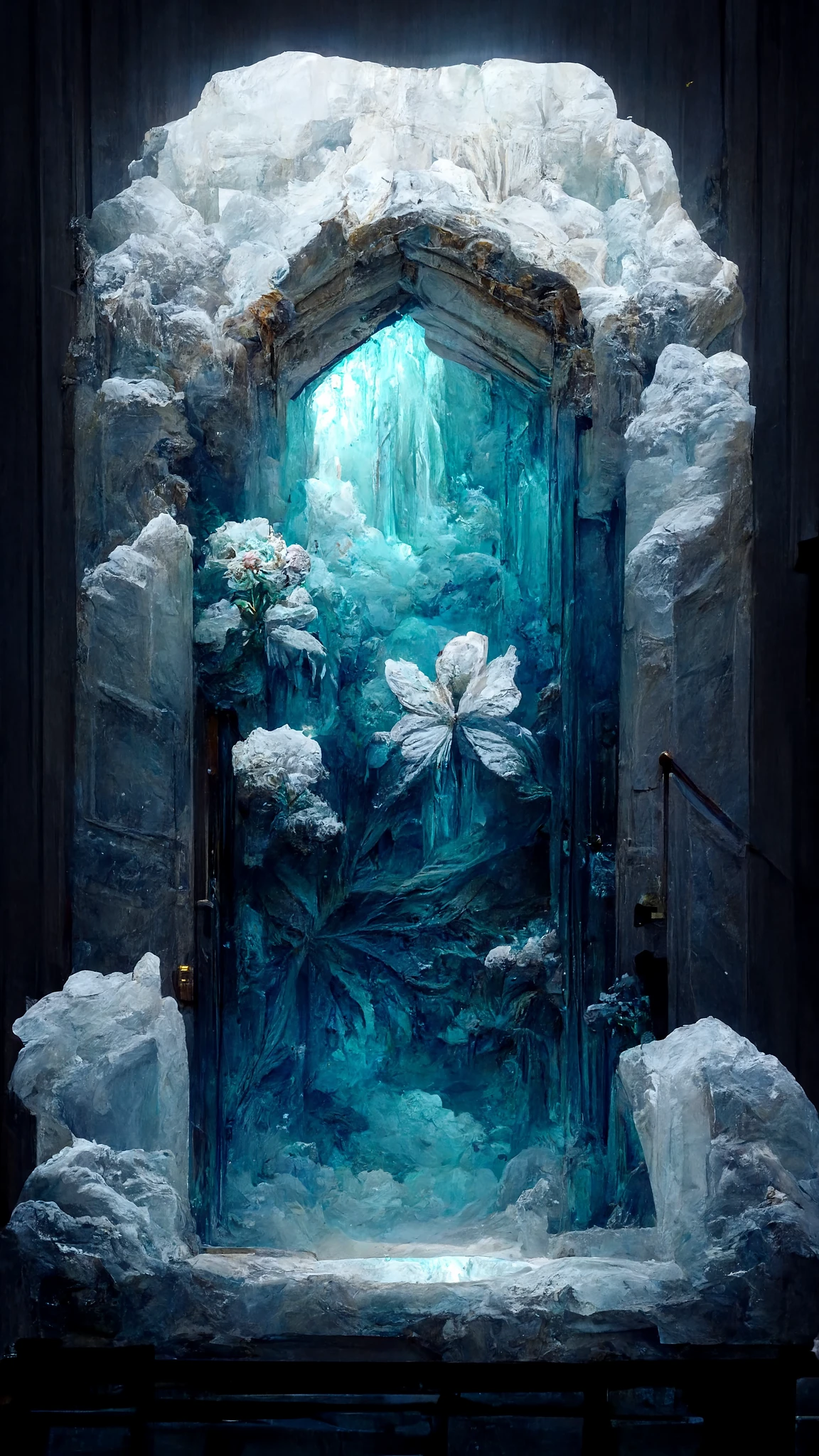 冬日魔幻：冰雕门与蓝色花朵