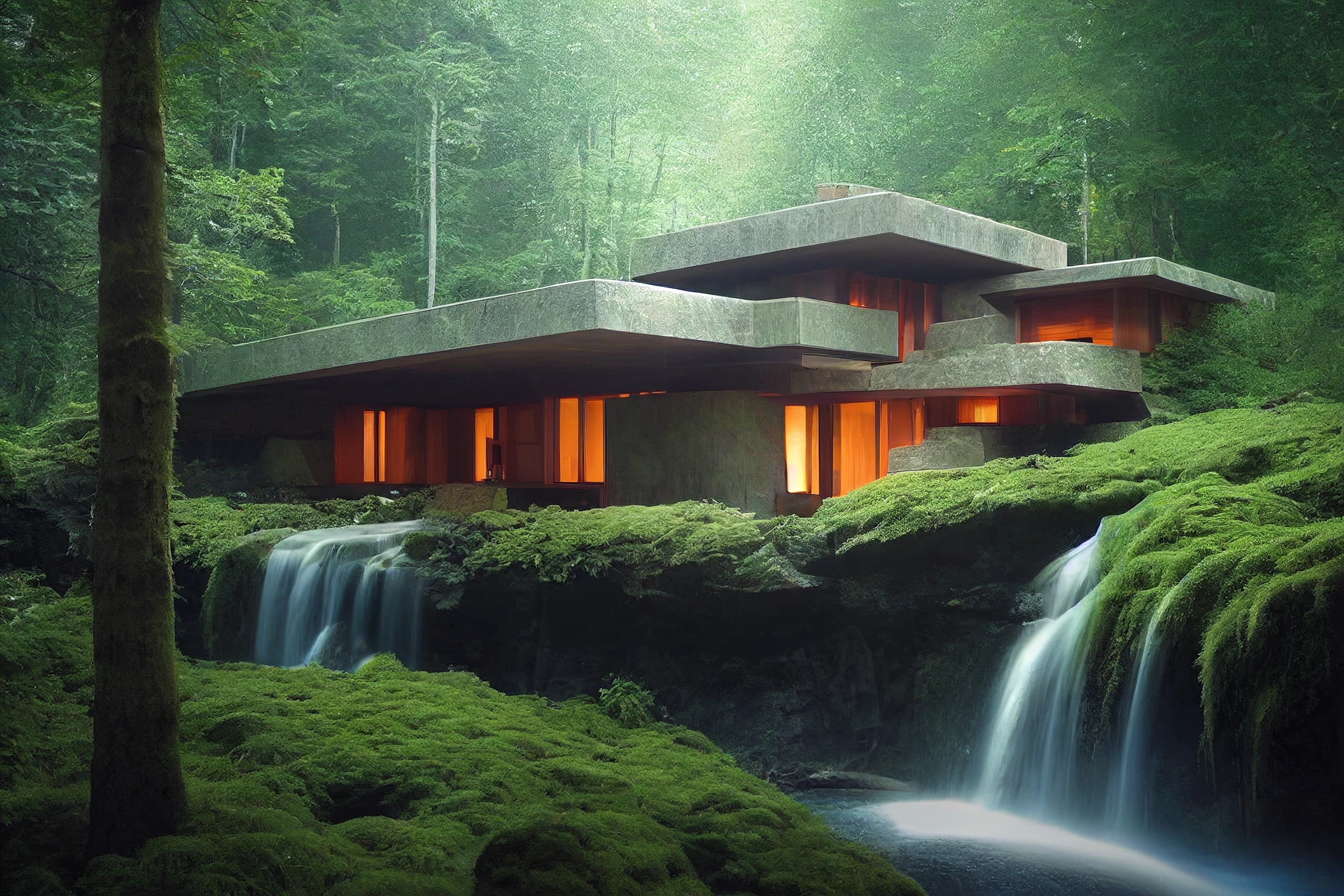 未来主义小屋，森林中的赖特风格瀑布居