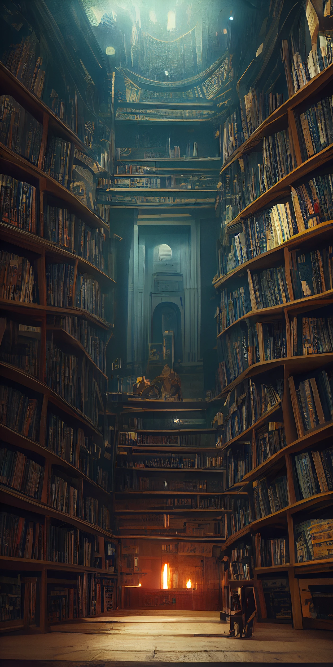 神秘图书馆：无尽书籍，沉重气息，电影般灯光