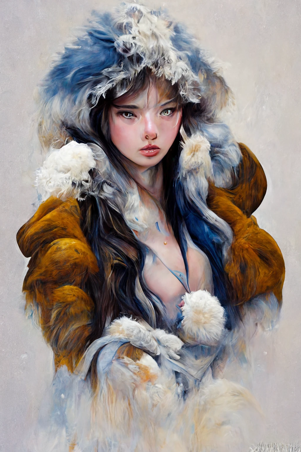 雪女肖像：皮草大衣与油画错综复杂