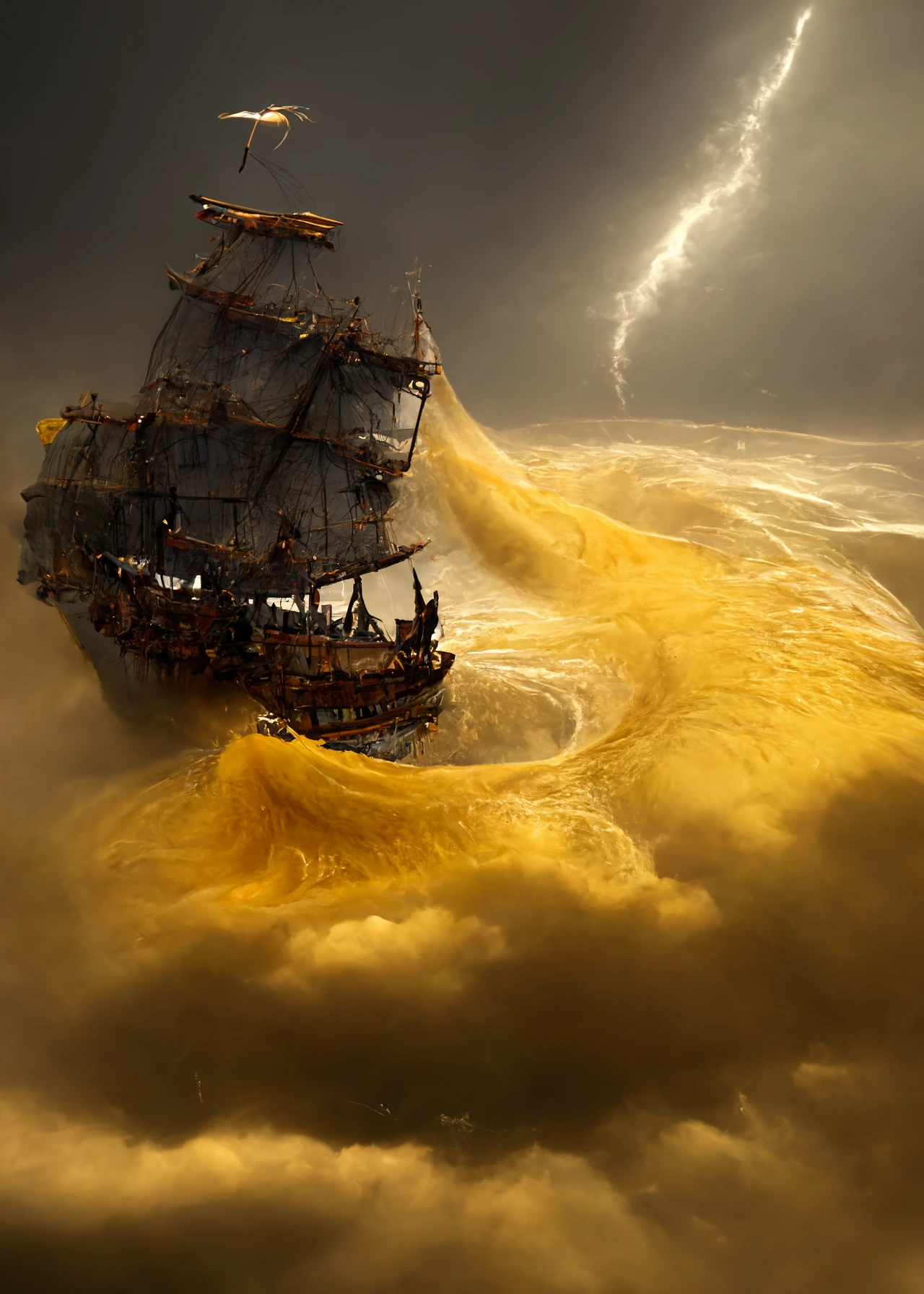 海盗船航行蜜海，艺术渲染4K风暴光