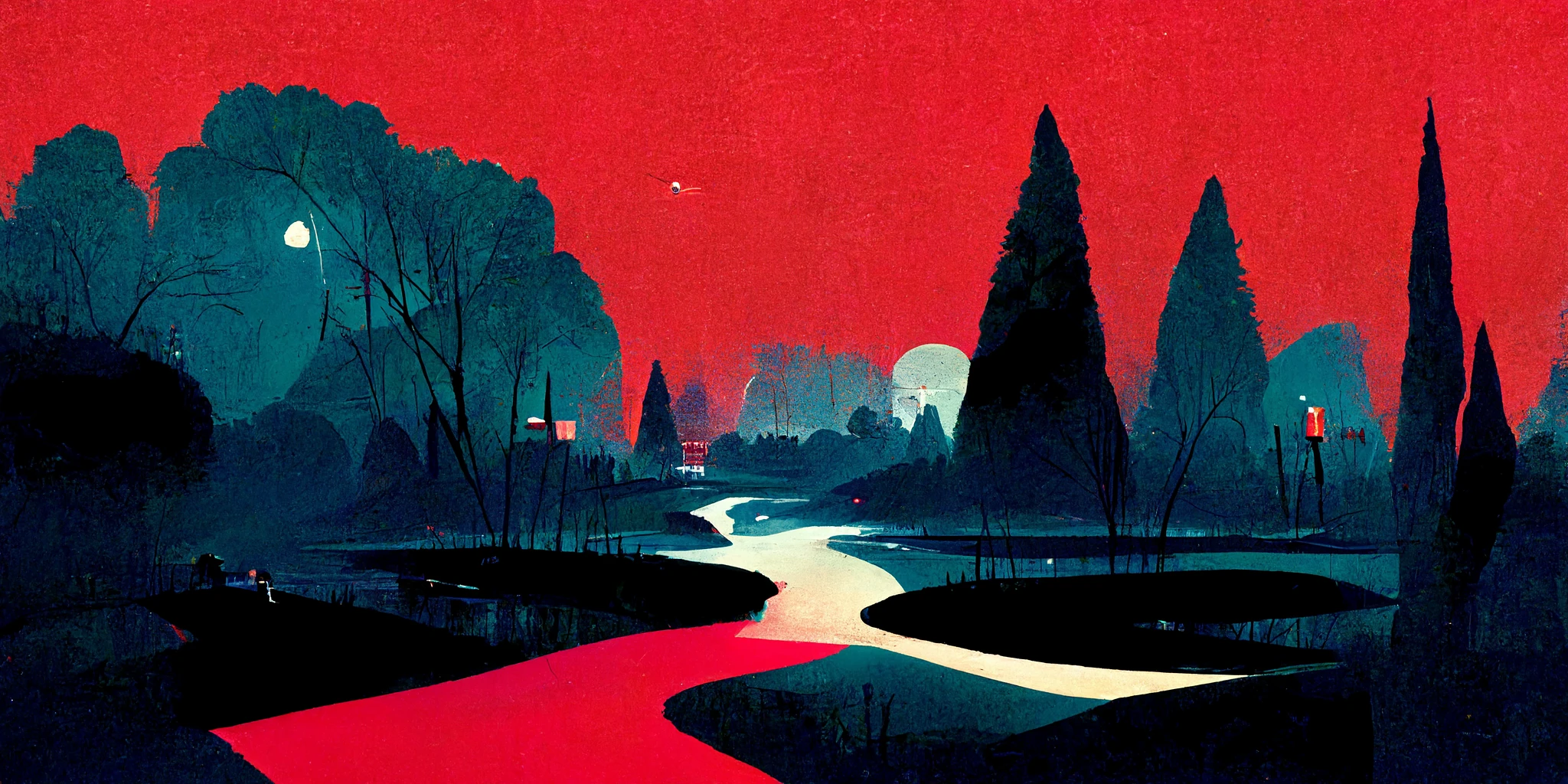 红色插图下的黑夜小溪
