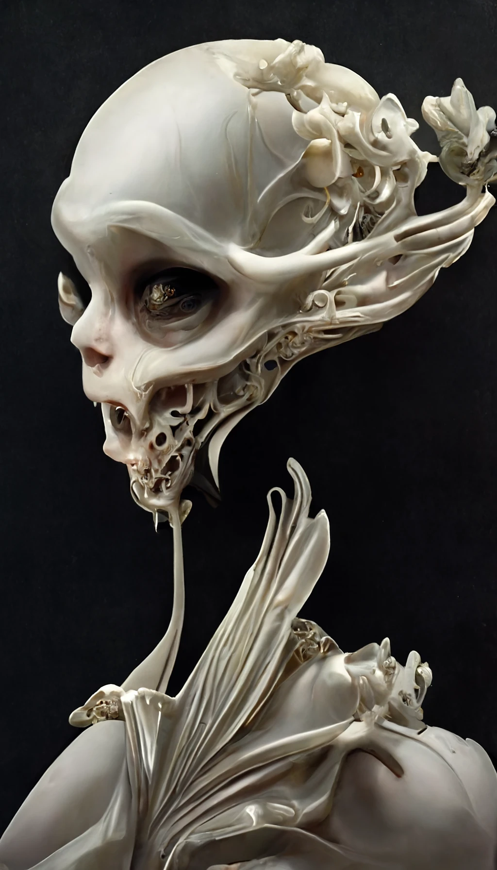 外星骷髅象牙佩戴蕾丝翅膀，4K微细节3D雕塑