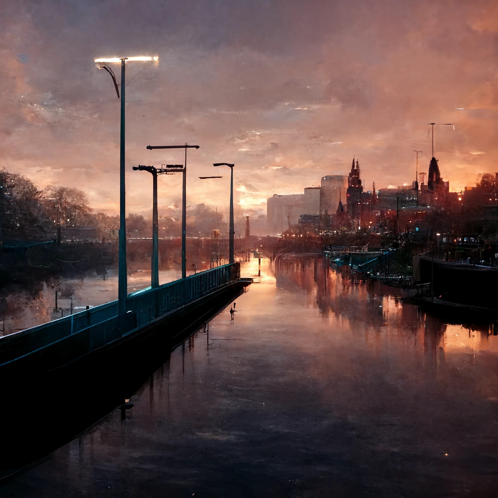 城市黄昏，河畔长椅下的路灯景观