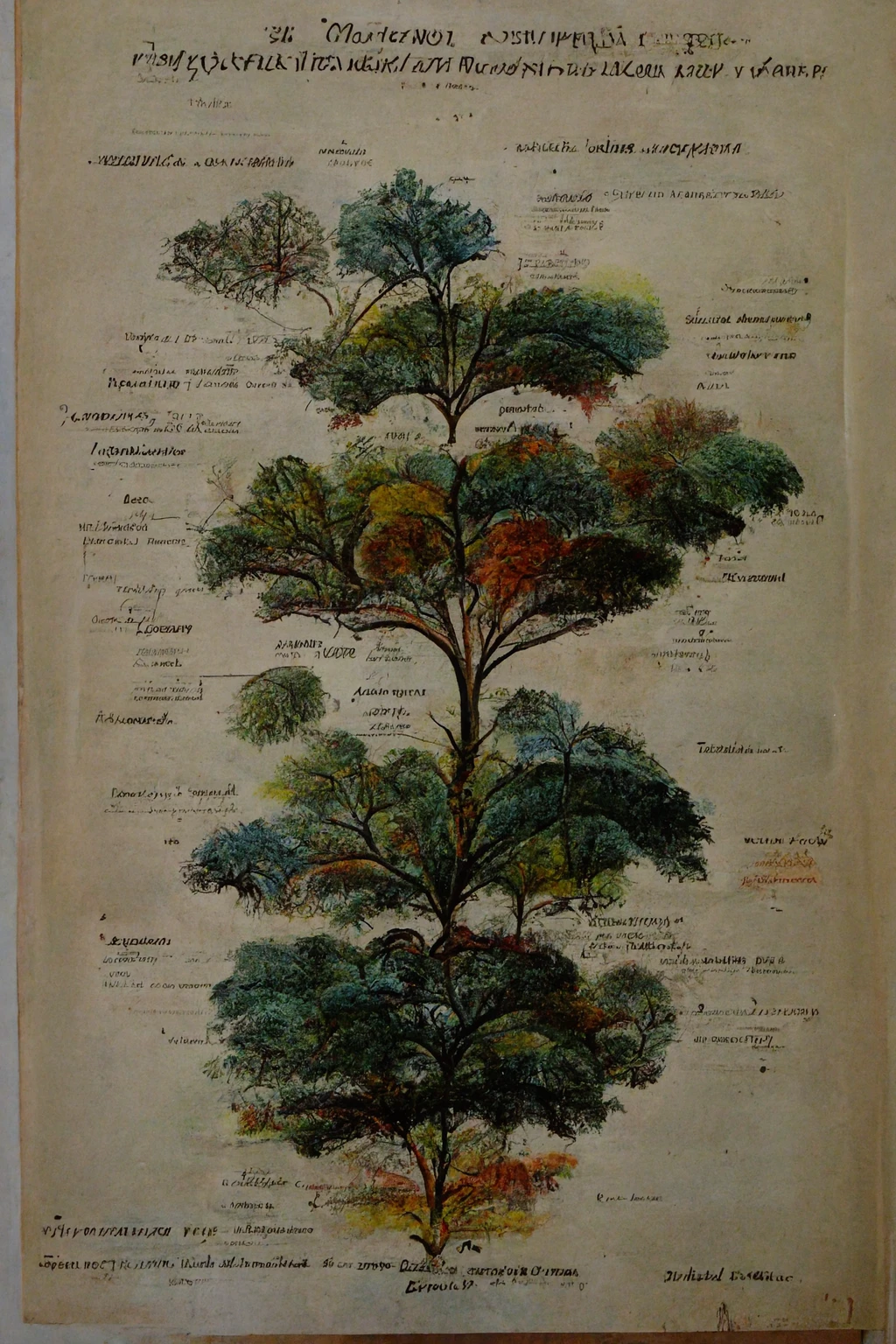 进化之树：古风平版印刷，柔和色彩，无边框，2:3比例