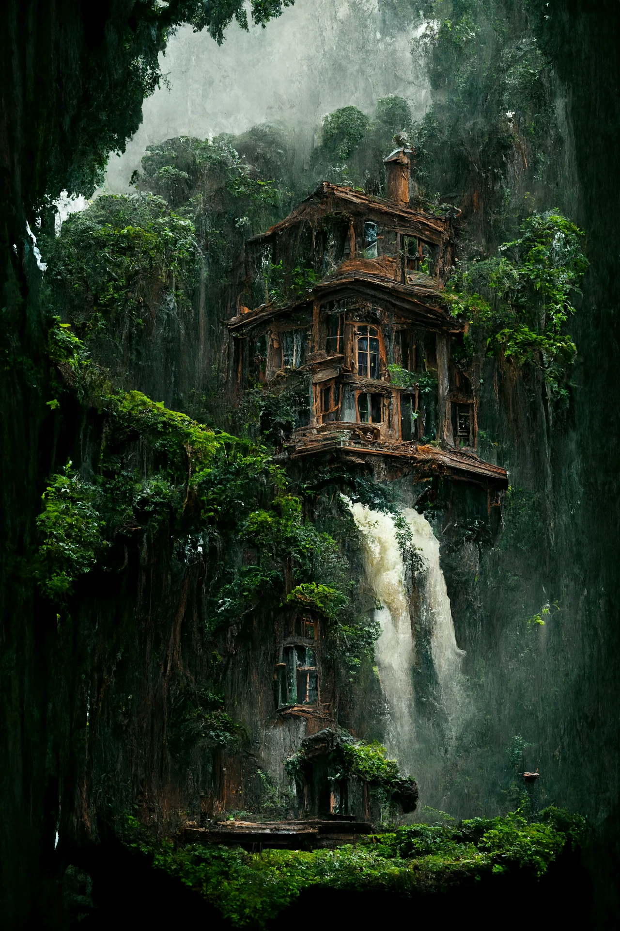 瀑布旁维多利亚式豪宅树