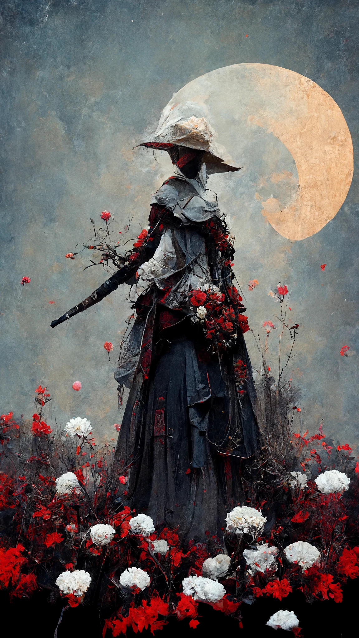 浪漫画风，白花田野，红月下的血源女猎手