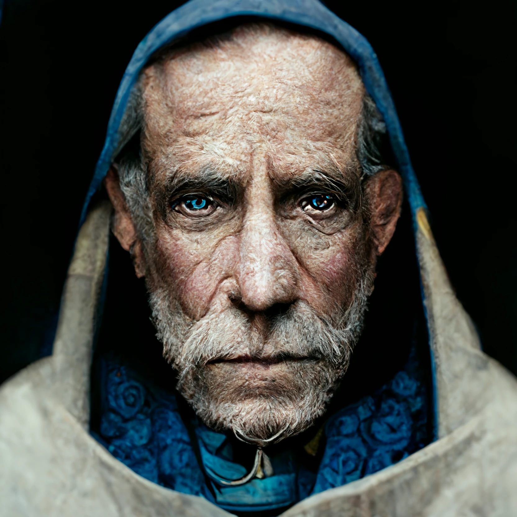 68岁男子穿蓝袍，摄影师拍摄肖像