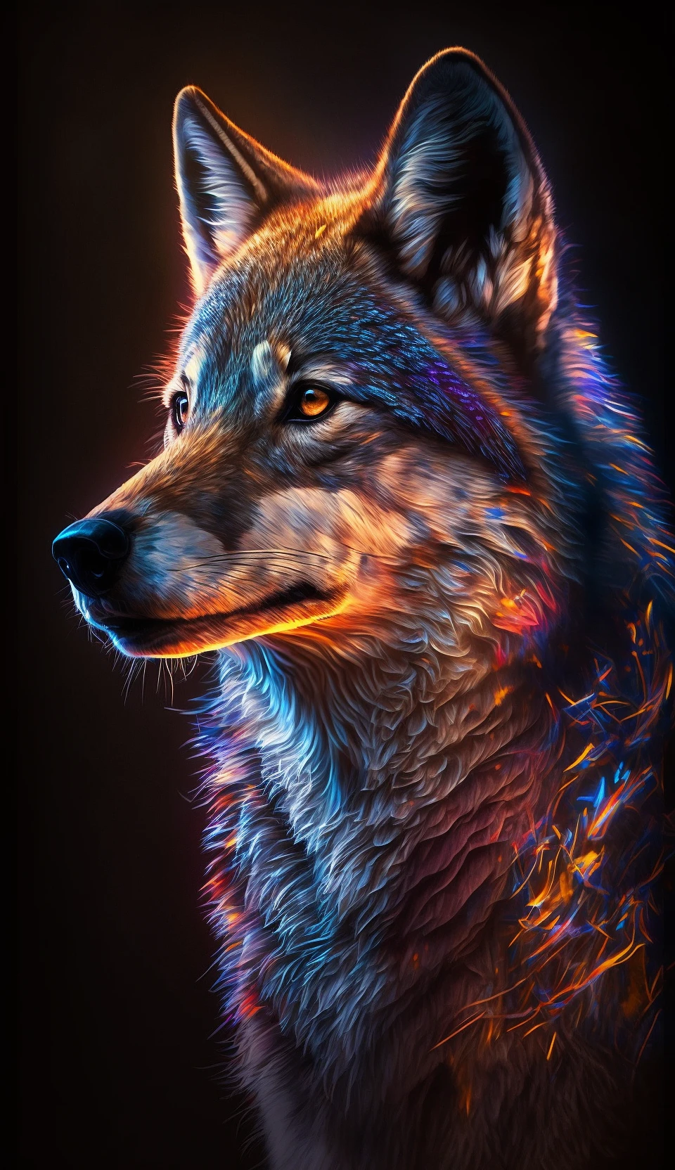 狼的特写：霓虹灯、超细节、仙女般的照明、逼真、明亮、体积光线、HDR