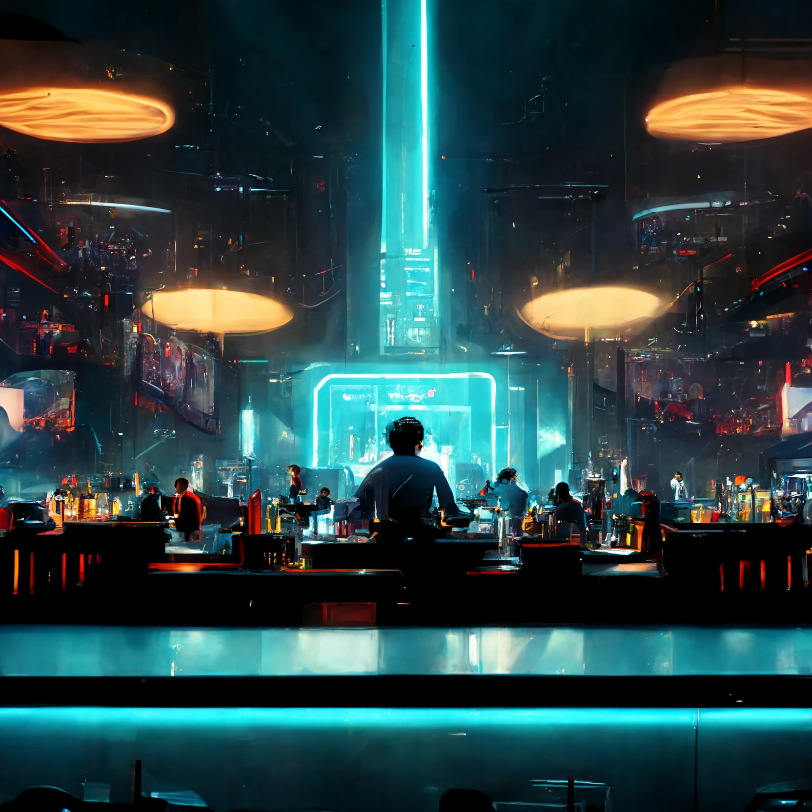 未来城市夜景：科幻酒吧与动态视图