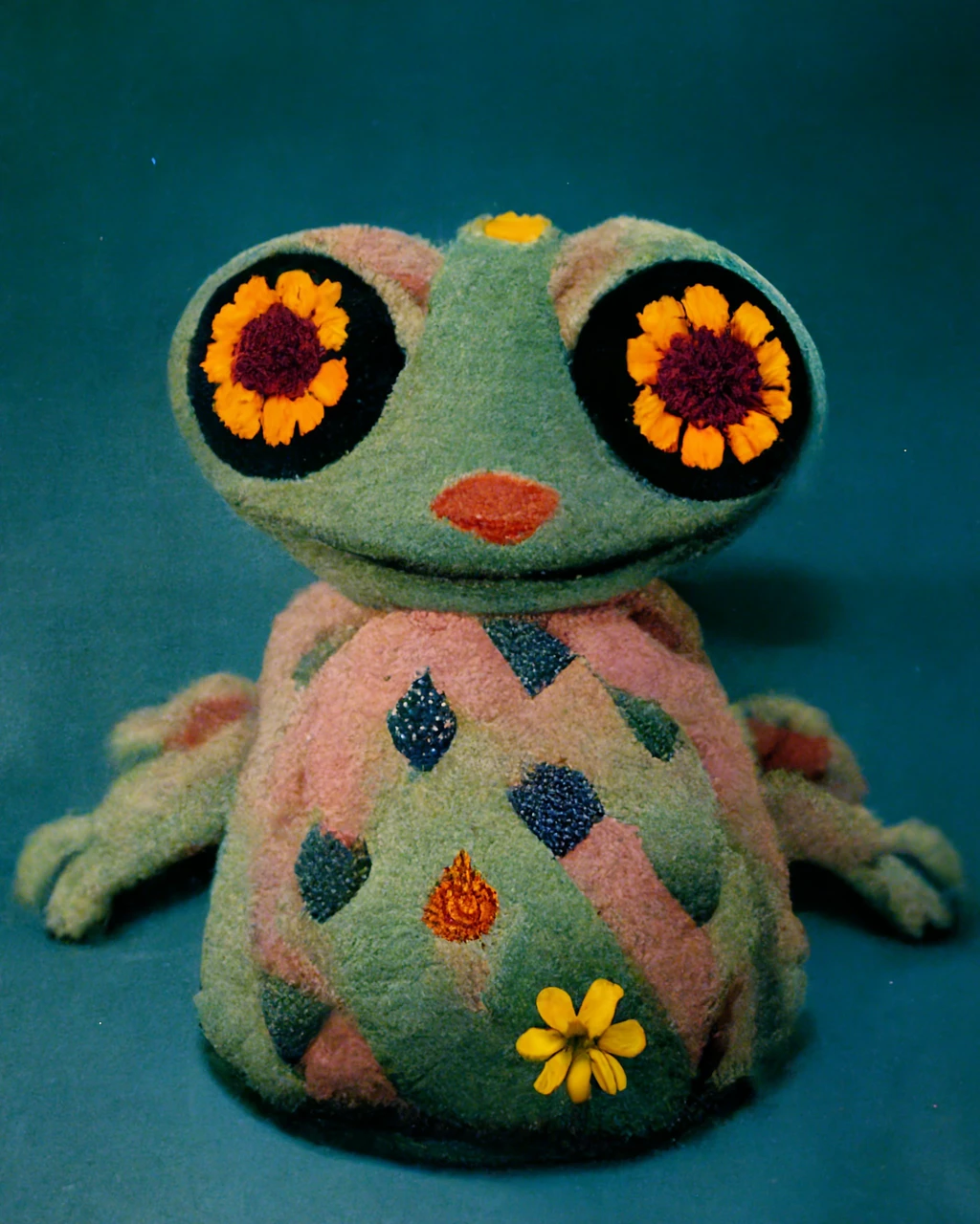 愚蠢青蛙玩具，彩色补丁腮红，复古工艺摄影