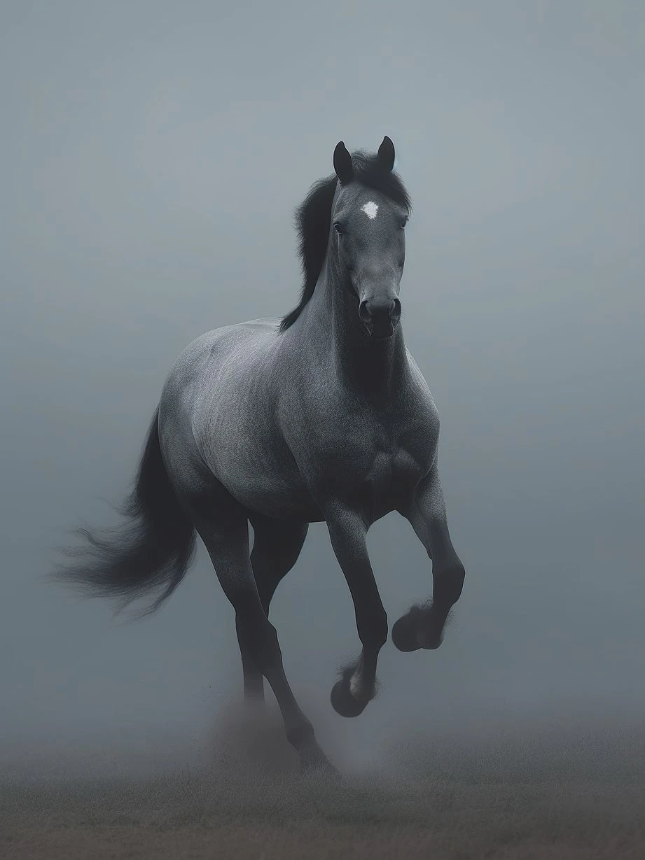 雾中奔跑的灰色种马：史诗般的场景