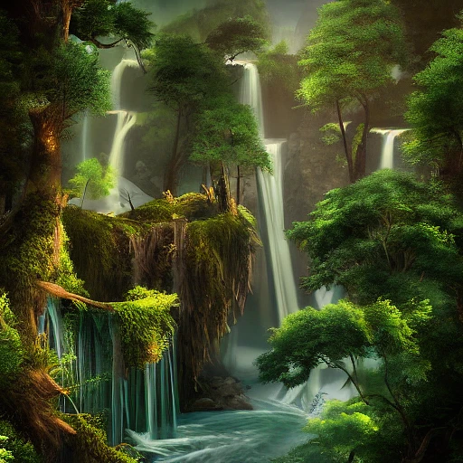 神秘森林与迷人瀑布：高清细节，艺术趋势，黑暗幻想