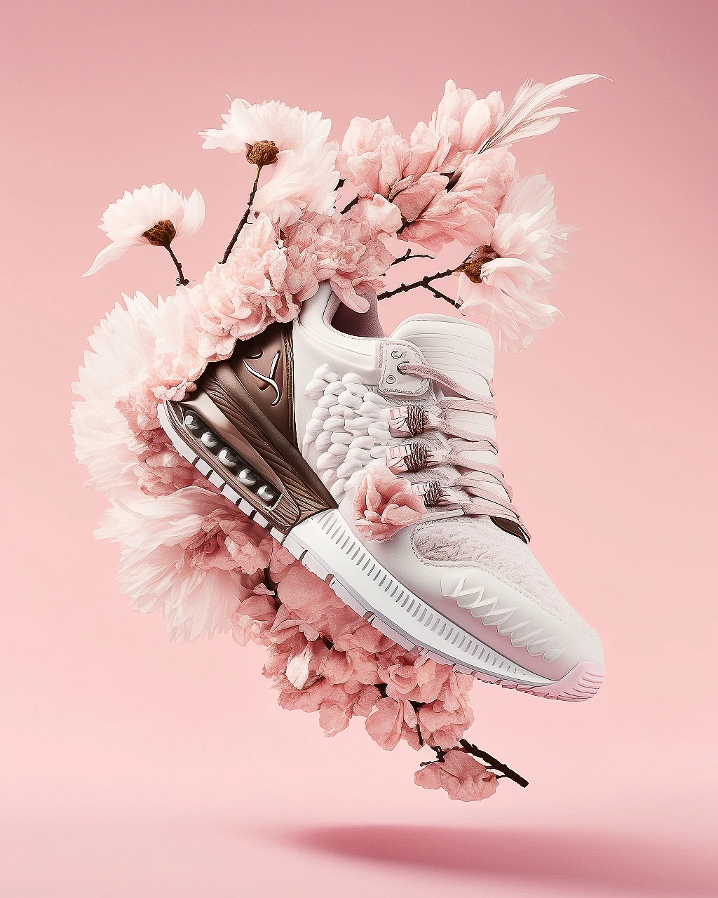 粉色樱花背景下的耐克运动鞋