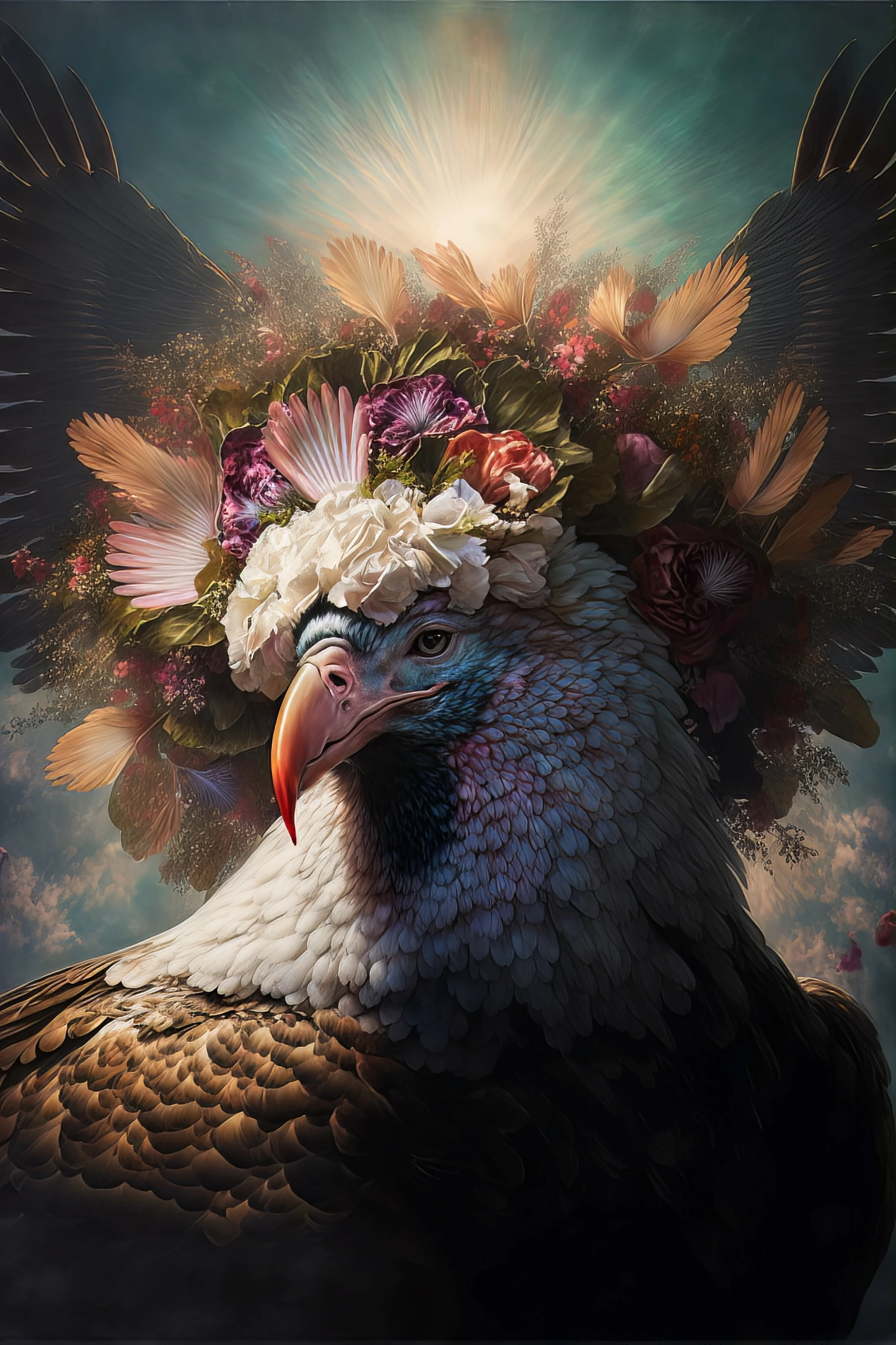 天使环绕火鸡，花卉边框，高清8k，戏剧性照明