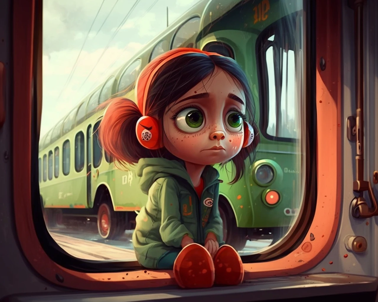 可爱火车，红绿搭配，无人机拍摄，卡通肖像