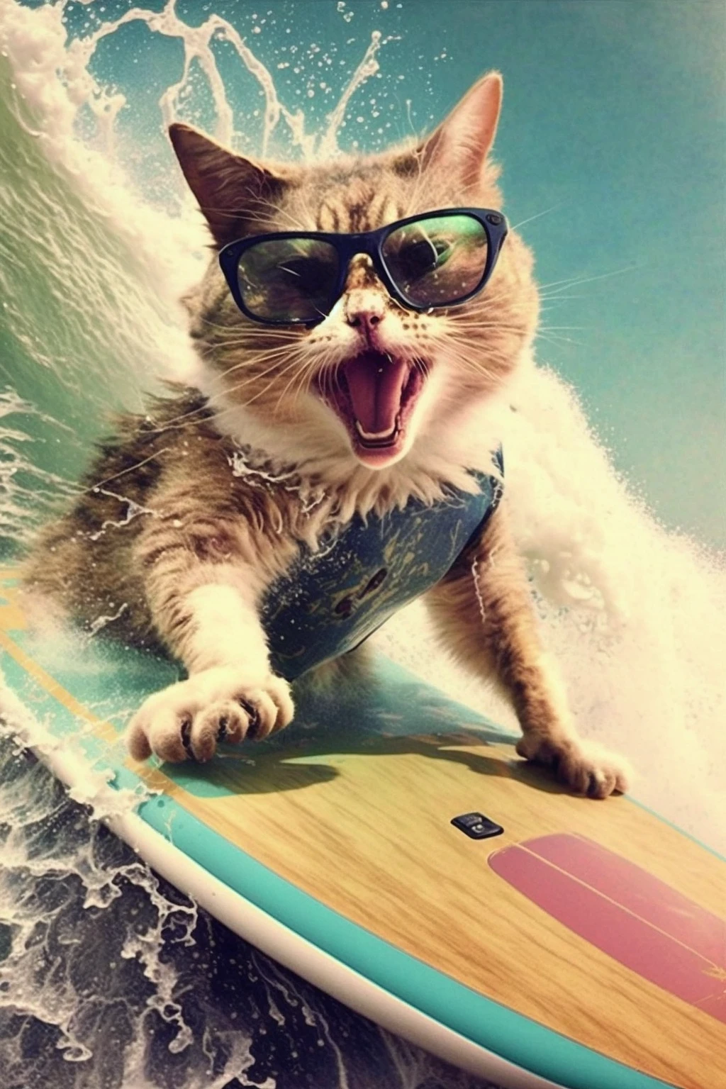 猫冲浪照片：墨镜、大浪、张嘴