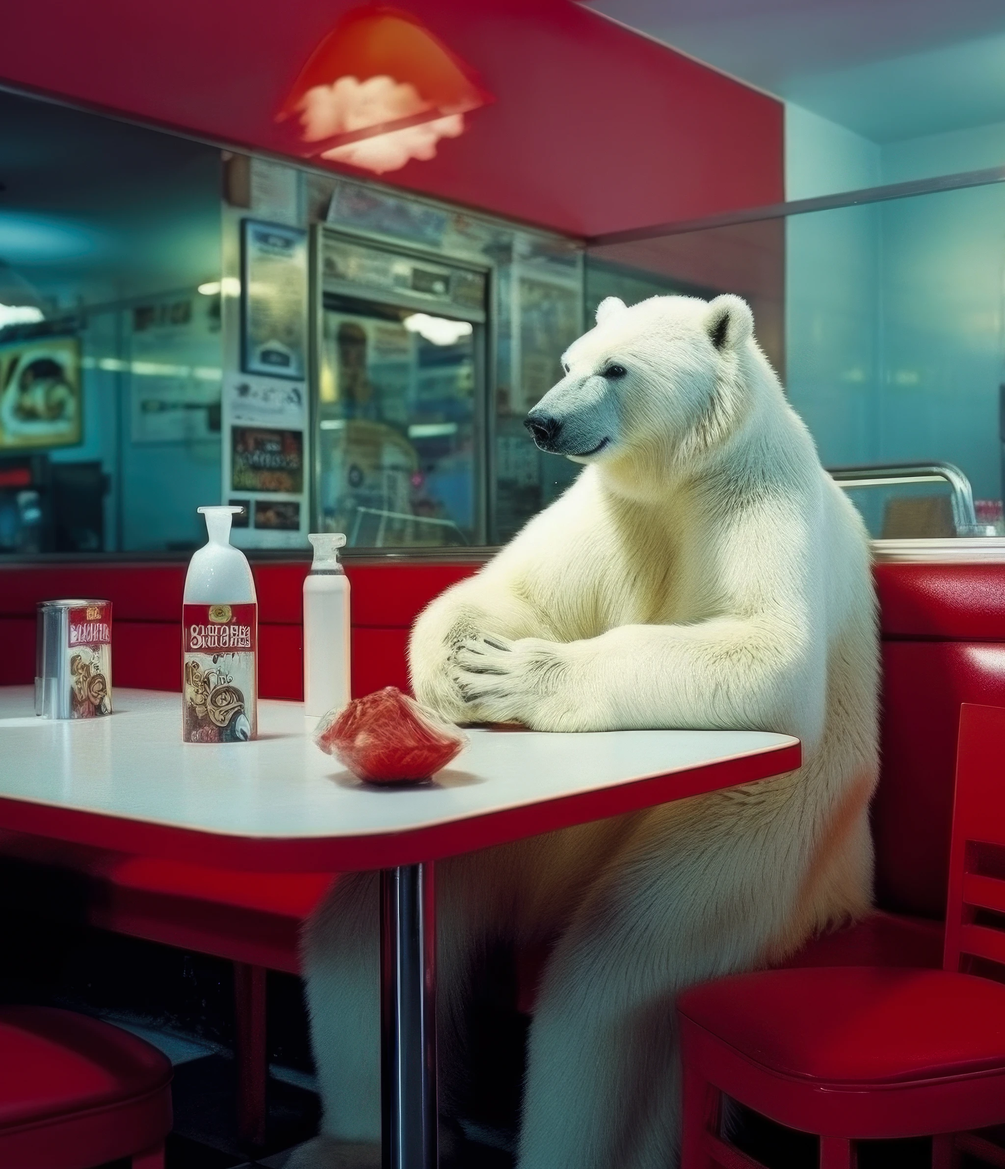 孤独北极熊在咖啡馆享用美食