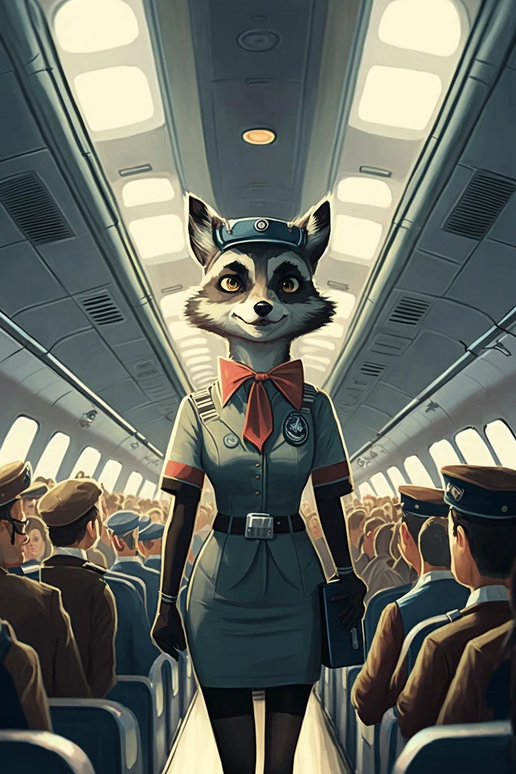 浣熊空姐，服务乘客，飞行中