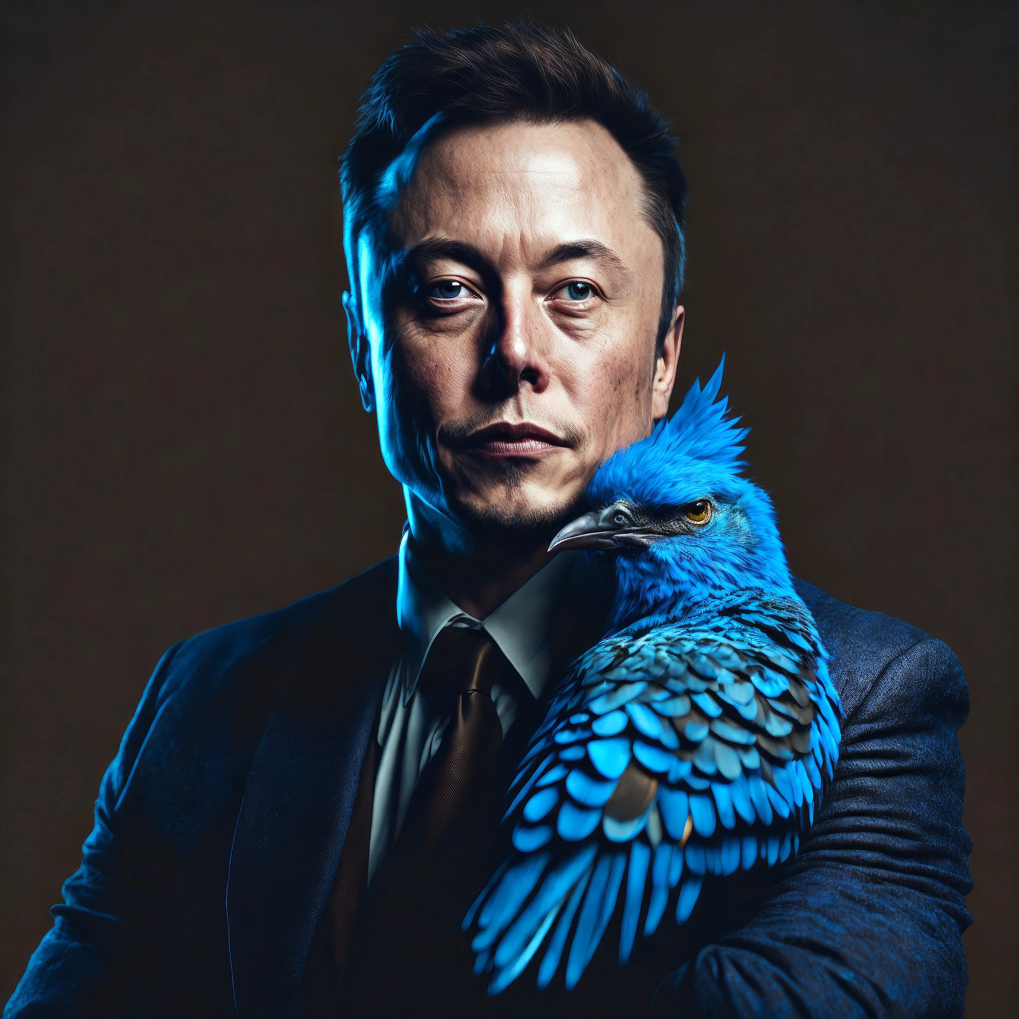 Elon Musk with Blue Twitter Bird: Surrealistic 8K Portrait