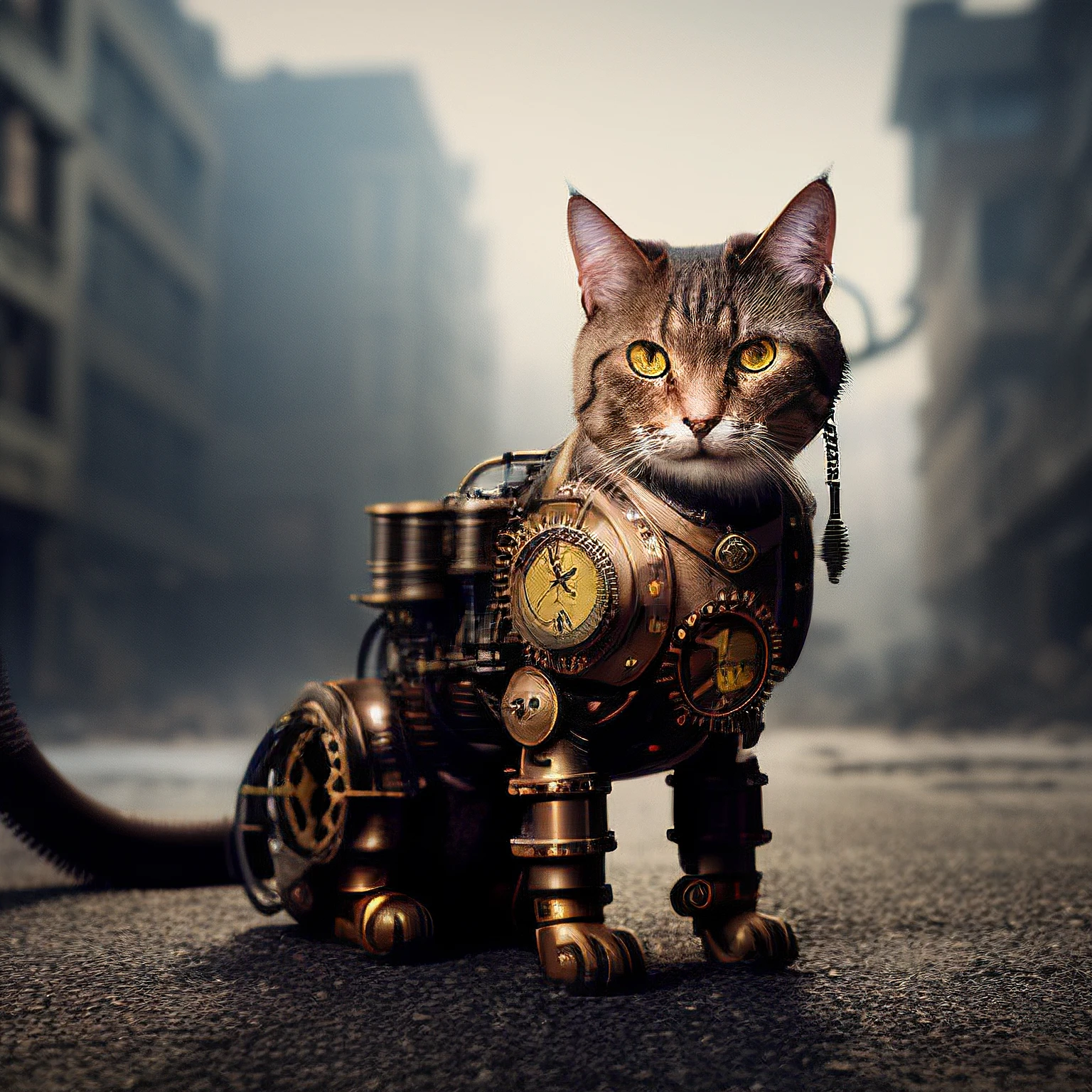 机械猫的末日肖像：逼真高细节的电影照明