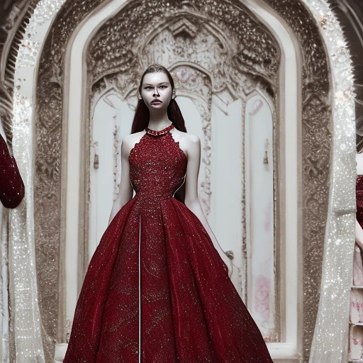 华丽红色礼服，精致细节，时尚柔软，科幻维多利亚风