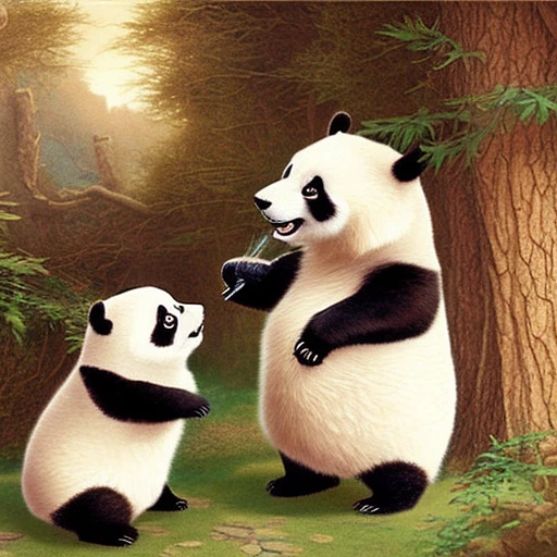 可爱的熊猫和狼岛屿生活