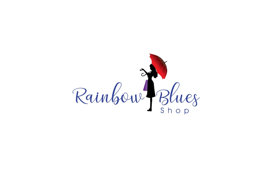 彩虹蓝商店，出售雨伞，浴帘，蜡烛，毛巾